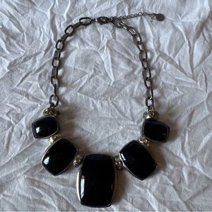 Vintage Silver Tone Black Enamel Liz Claiborne Statement Necklace, 16.5”